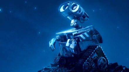 HD PC desktop wallpaper featuring Wall·E, the iconic robot from the movie, illuminated in blue light against a starry night background.