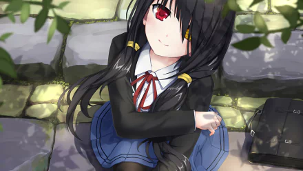 Anime character Kurumi Tokisaki, with long black hair and heterochromia, sits in a school uniform. Sunlight filters through foliage above. (HD wallpaper, Date A Live)