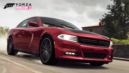 HD PC desktop wallpaper featuring a red sports car from the video game Forza Horizon 2 speeding on a scenic road under a cloudy sky.