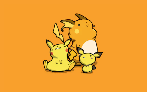 This HD desktop wallpaper features Raichu, Pikachu, and Pichu from the Pokémon video game series against an orange background.