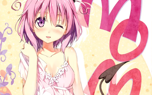 A vibrant HD wallpaper featuring Momo Velia Deviluke from *To Love-Ru*, showcasing her playful wink, blush, purple eyes, and pink hair against a colorful background.
