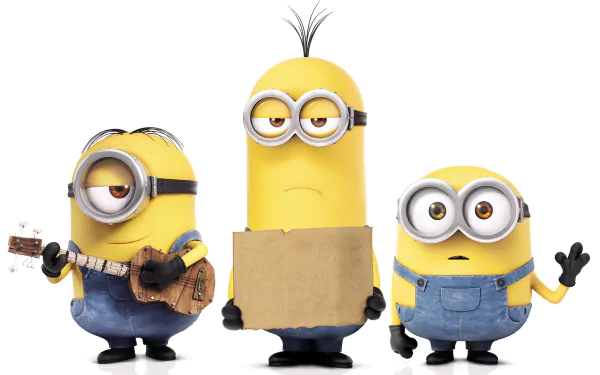 HD desktop wallpaper of Minions from the movie, featuring three yellow Minions in blue overalls, with one playing a guitar, the central one holding a blank sign, and the third waving.