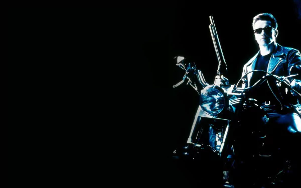 Arnold Schwarzenegger on a motorcycle from Terminator 2: Judgment Day, depicted in a striking HD wallpaper against a dark background.