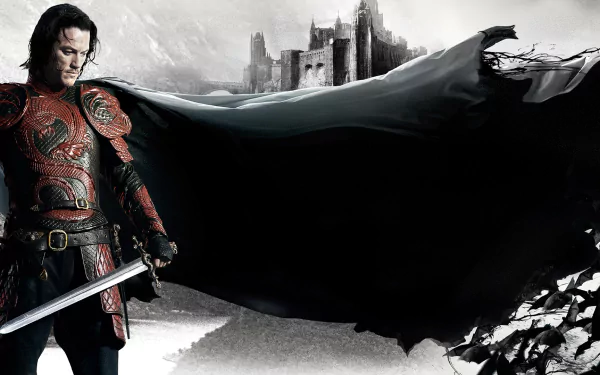 HD desktop wallpaper from the movie Dracula Untold, featuring the protagonist in armor with a sword, a dark flowing cape, and a castle in the background.