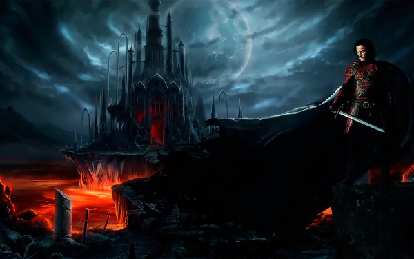 HD desktop wallpaper featuring a dramatic scene from the movie Dracula Untold. A dark, brooding castle stands against a stormy sky, while a figure in armor with a sword gazes over a fiery landscape.