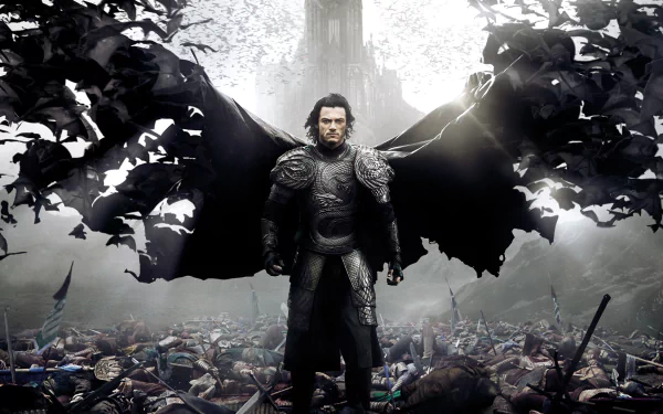 HD desktop wallpaper featuring an intense scene from the movie Dracula Untold, showing a warrior standing amid a battleground with a dark, dramatic background.