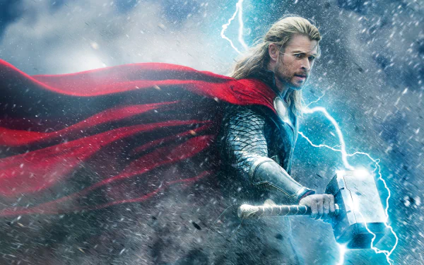 HD wallpaper of Chris Hemsworth as Thor in Thor: The Dark World, wielding his hammer amidst a stormy backdrop with lightning and dramatic elements.