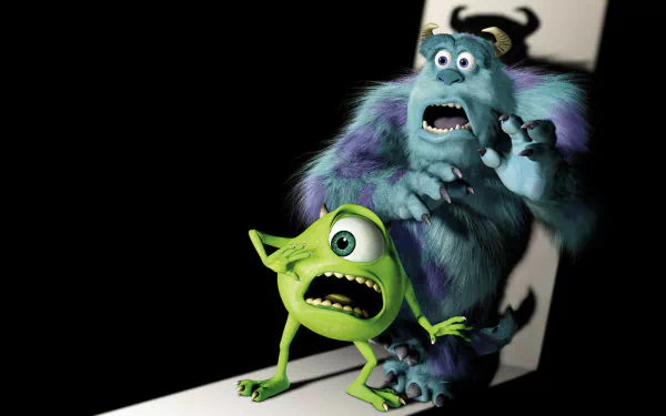 Colorful HD wallpaper featuring beloved characters from Monsters, Inc.—the green, one-eyed Mike and the giant furry Sulley—together in a light-hearted, playful scene.