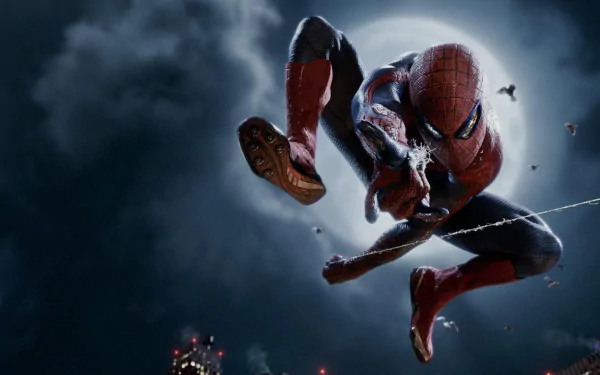 A dramatic HD wallpaper featuring Spider-Man in action, showcasing his iconic pose against a moonlit sky, inspired by the movie The Amazing Spider-Man.