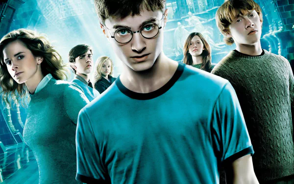 A dramatic HD desktop wallpaper featuring characters from Harry Potter and the Order of the Phoenix, showcasing Harry and his friends against a striking blue background.