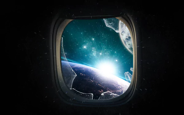 View through a broken spaceship window reveals a sci-fi scene of a planet, asteroid, stars, and sunlight at sunrise in vivid HD detail.