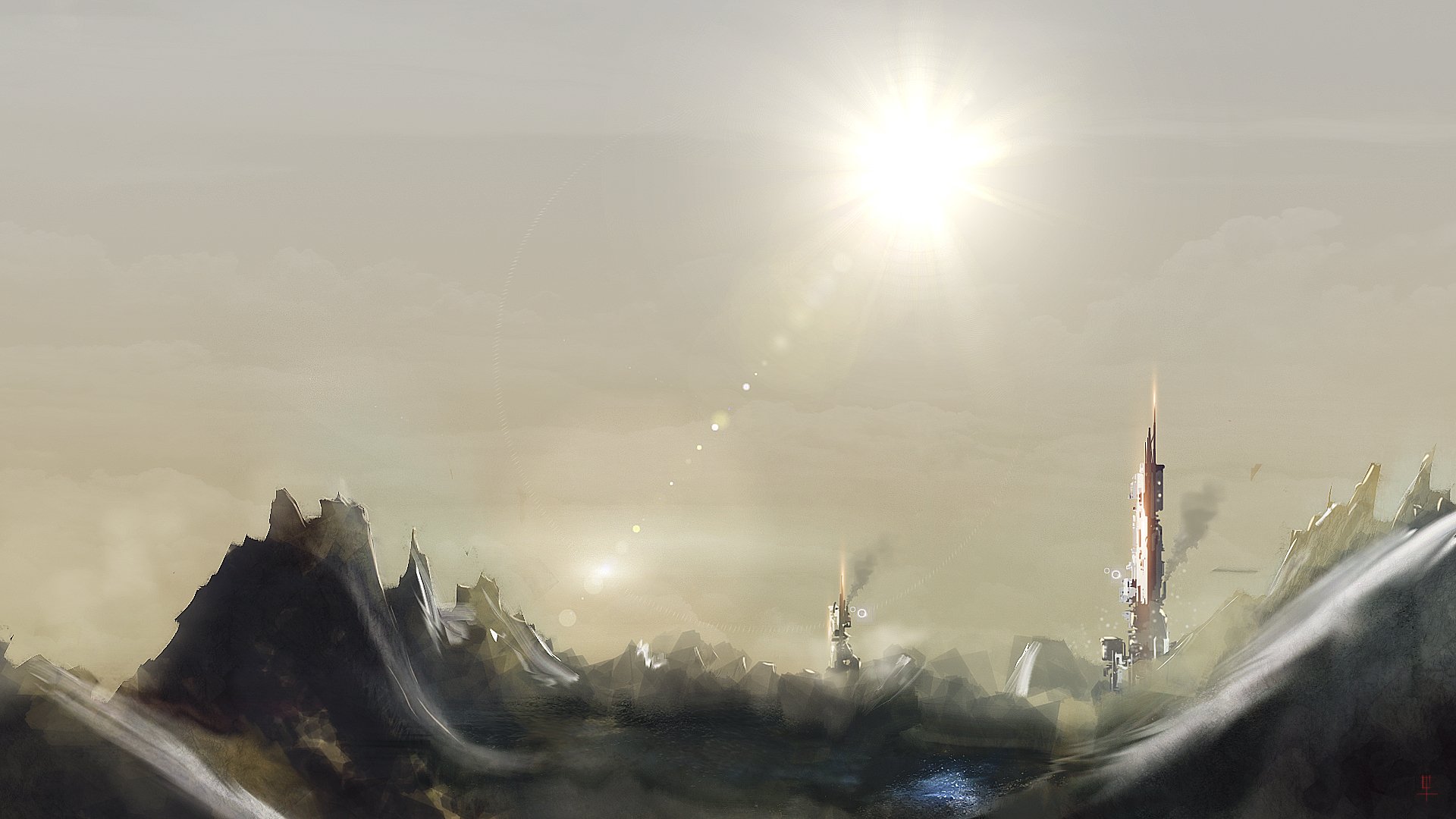 Futuristic sci-fi landscape featuring towering buildings under a bright sun, rendered in high definition as a PC desktop wallpaper background.