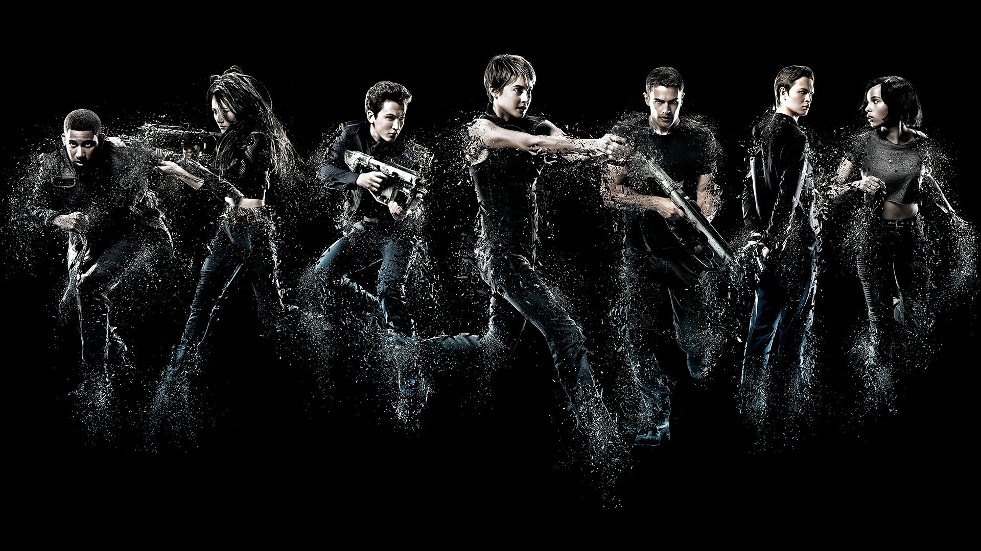 HD PC desktop wallpaper: Insurgent movie-style image of a line of shadowy figures dissolving into particles against a black background.