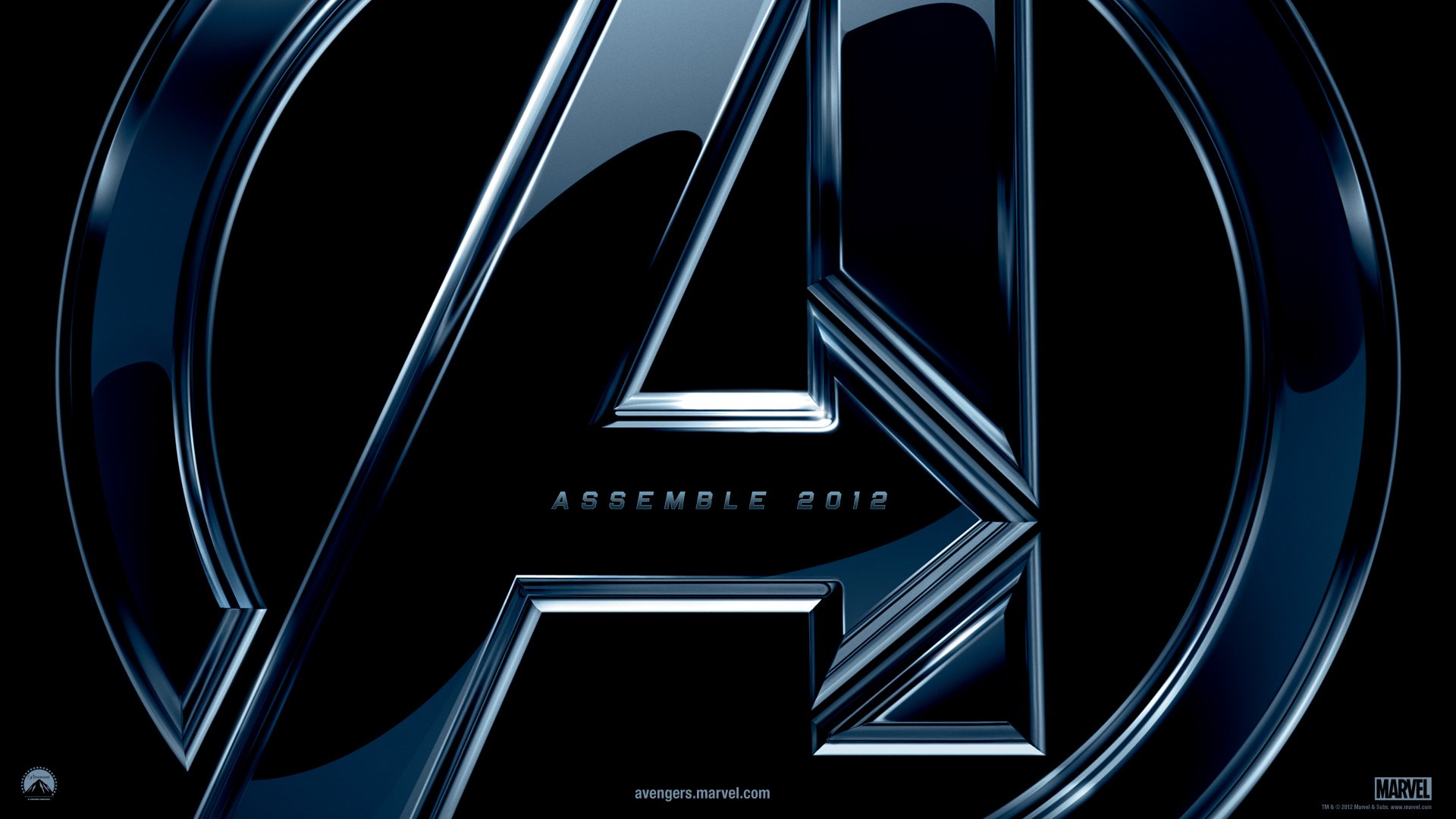 HD PC desktop wallpaper background featuring the movie Avengers glossy metallic A logo on a dark blue backdrop with Assemble 2012.