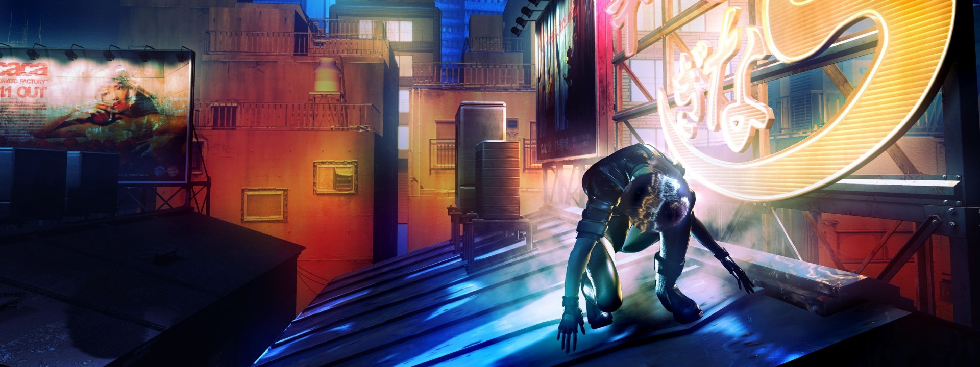 HD anime desktop wallpaper featuring a dark, cyberpunk cityscape with a crouching figure from Ghost in the Shell illuminated by neon lights.