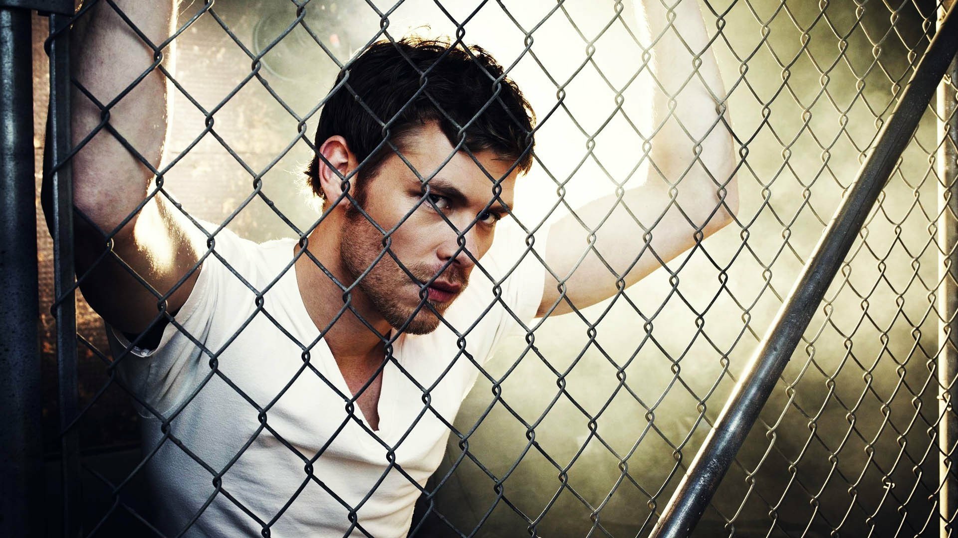 A dramatic HD wallpaper featuring a character from The Vampire Diaries, showcasing a brooding male figure behind a chain-link fence, illuminated by a moody background.