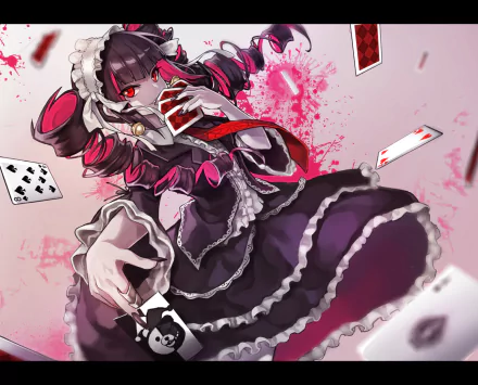 Celestia Ludenberg from Danganronpa, depicted in a dynamic pose with playing cards, surrounded by splashes of pink, creates a striking anime desktop wallpaper.