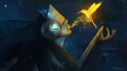 A mystical woman exhales magic as a golden hummingbird hovers near her lips, set against a captivating dark backdrop. This vibrant 4K Ultra HD image invites a sense of fantasy.