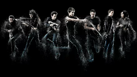 HD PC desktop wallpaper: Insurgent movie-style image of a line of shadowy figures dissolving into particles against a black background.