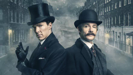 A dramatic HD wallpaper from the TV series Sherlock, featuring Benedict Cumberbatch and Martin Freeman in Victorian attire against a foggy city backdrop.