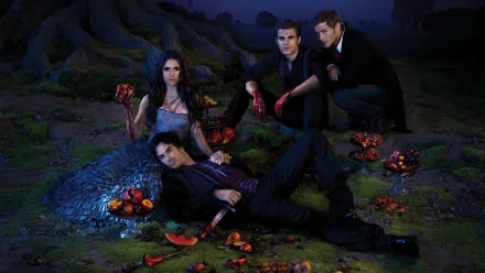 A dramatic scene from The Vampire Diaries, featuring four characters posed amidst dark surroundings with fruit, creating an intense atmosphere in this HD desktop wallpaper.