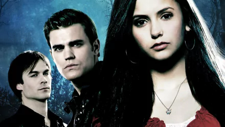 Three central characters from the TV show The Vampire Diaries are depicted against a dark, atmospheric background, capturing the essence of the supernatural drama.