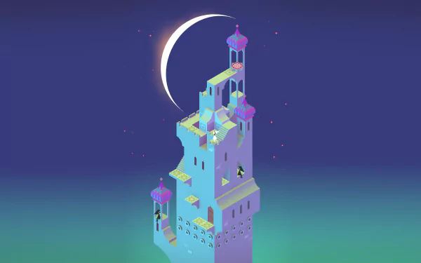 4K Ultra HD desktop wallpaper featuring a serene, stylized tower from the video game Monument Valley beneath a crescent moon in a twilight sky.