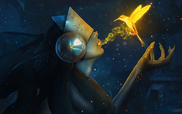 A mystical woman exhales magic as a golden hummingbird hovers near her lips, set against a captivating dark backdrop. This vibrant 4K Ultra HD image invites a sense of fantasy.