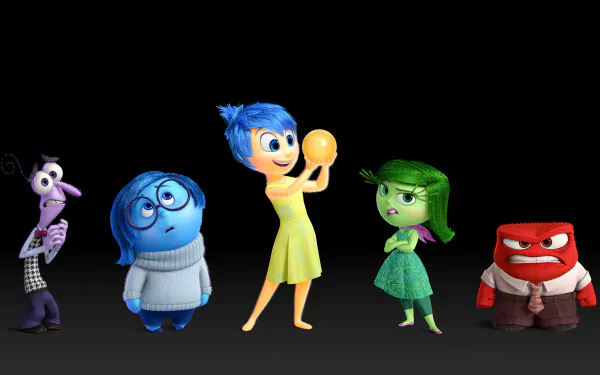 HD desktop wallpaper featuring the five emotions—Fear, Sadness, Joy, Disgust, and Anger—from the movie Inside Out against a dark background.