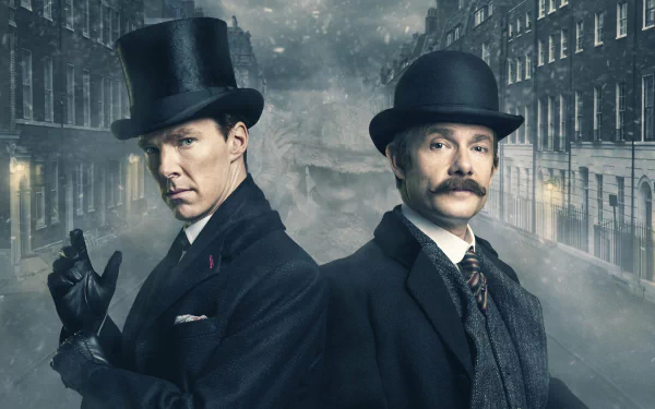 A dramatic HD wallpaper from the TV series Sherlock, featuring Benedict Cumberbatch and Martin Freeman in Victorian attire against a foggy city backdrop.