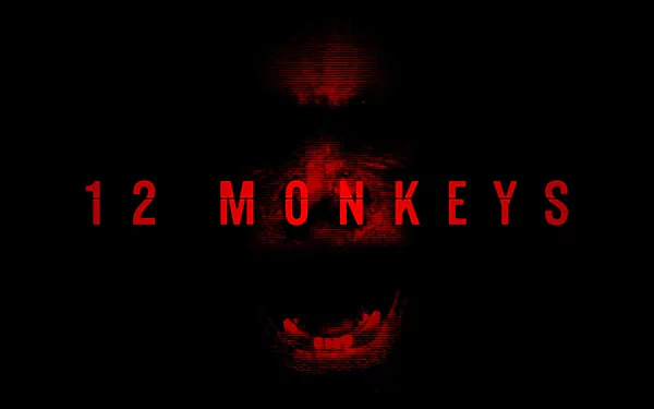 HD PC desktop wallpaper featuring a red-themed design of the TV show 12 Monkeys, with the title text prominently displayed against a dark background.