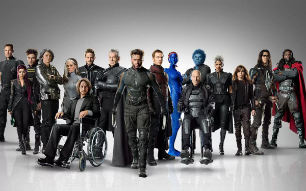 HD desktop wallpaper featuring a lineup of iconic characters from the movie X-Men: Days of Future Past, showcasing their distinctive costumes and team dynamics.