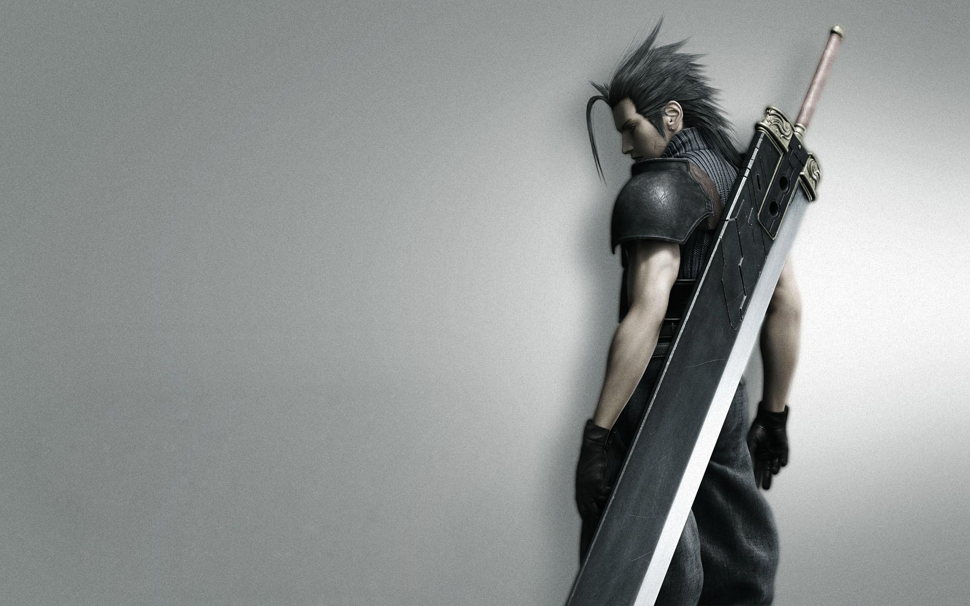 Zack Fair, a character from Final Fantasy VII, stands against a dramatic backdrop in this HD desktop wallpaper.