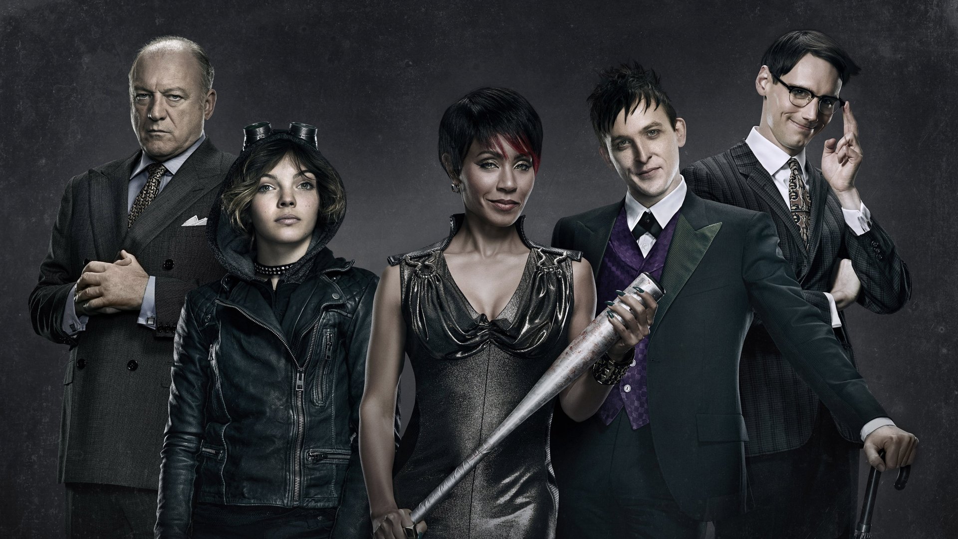 A dramatic 4K Ultra HD wallpaper featuring characters from the TV show Gotham, showcasing iconic figures in a dark, moody pose.