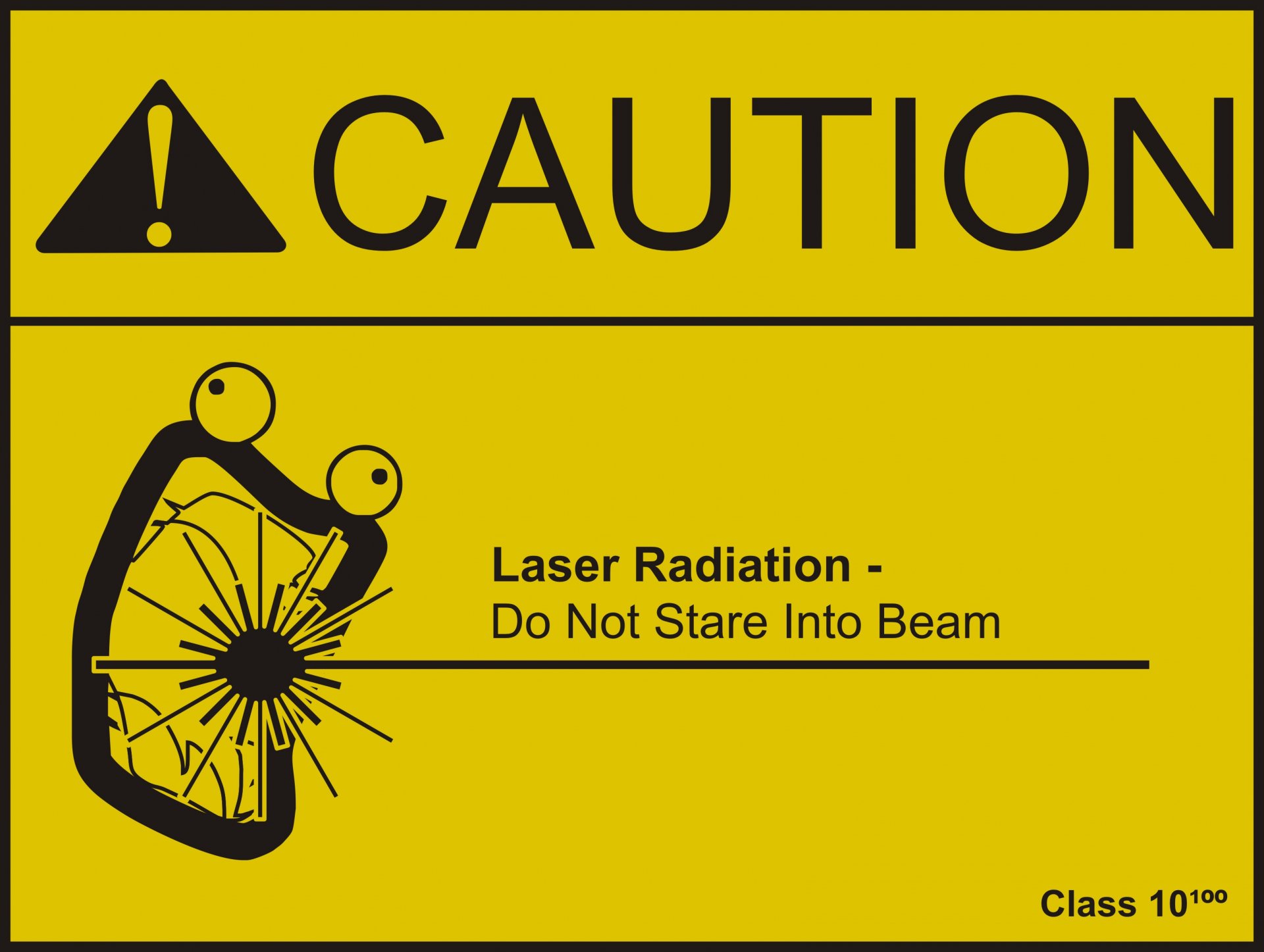Funny HD PC desktop wallpaper featuring a caution sign with a cartoon character squinting at a laser beam, warning not to stare directly into it.