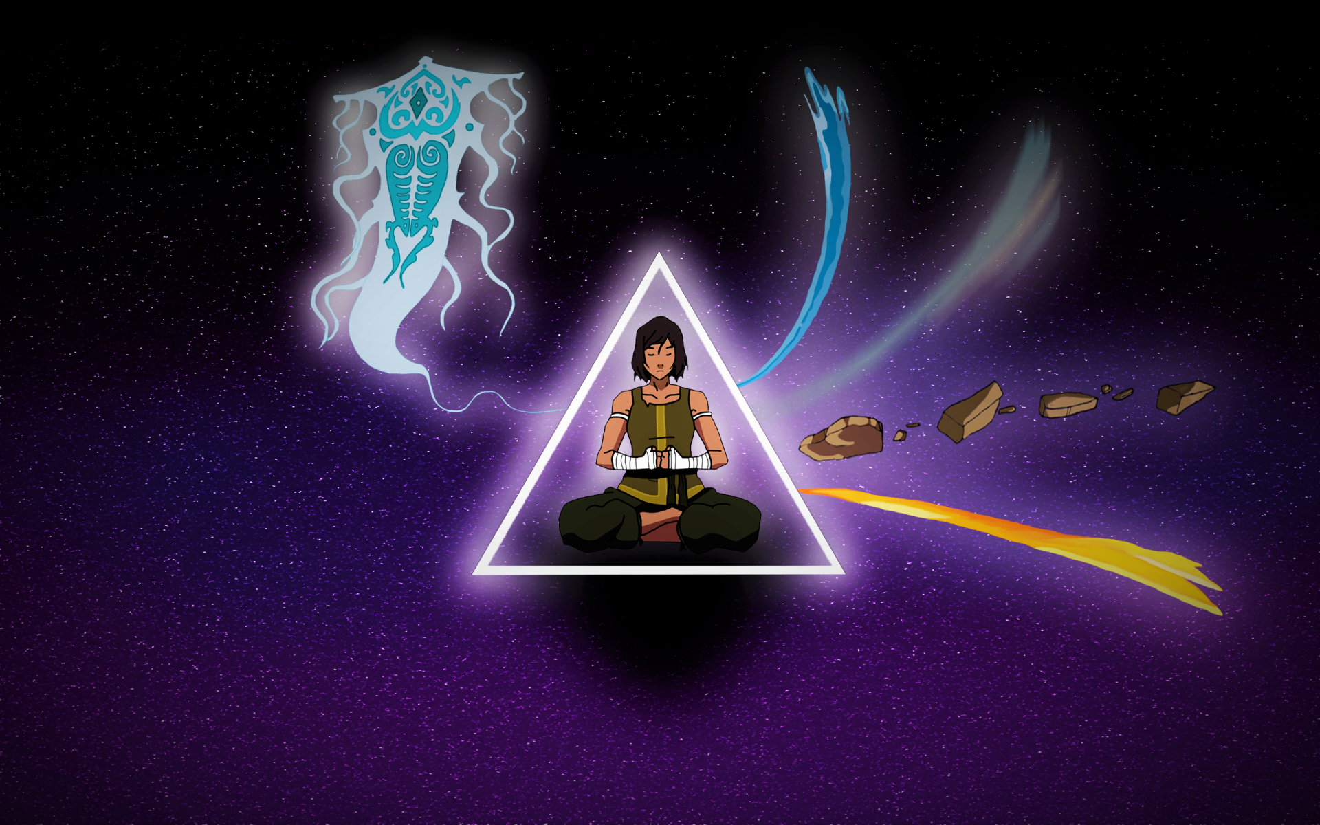 HD desktop wallpaper featuring Korra from Avatar: The Legend of Korra, set against a dark side of the moon-inspired cosmic background with glowing symbols.