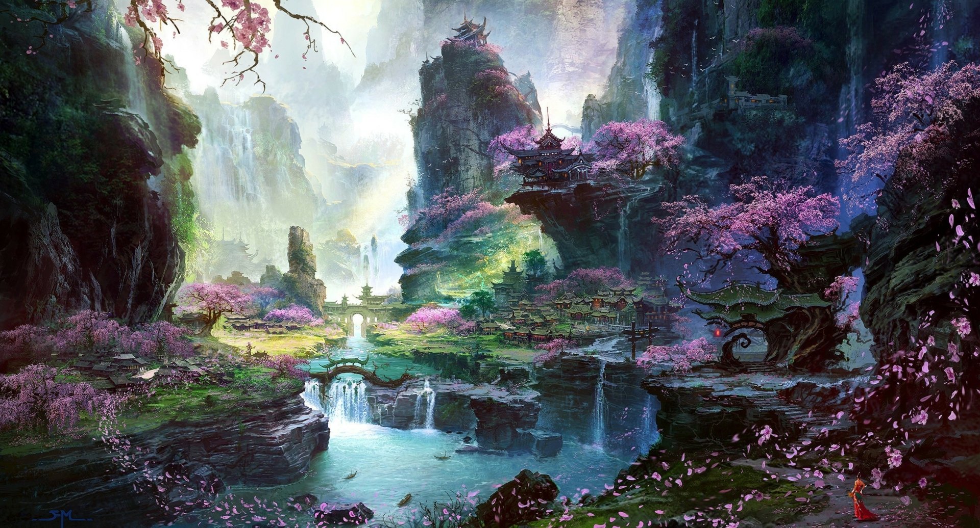 HD desktop wallpaper of a fantasy oriental village landscape with a waterfall, cherry blossom trees, and falling petals.