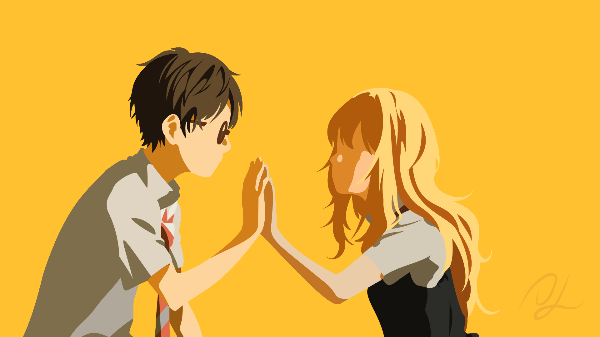 A vibrant illustration from Your Lie in April, featuring Kaori Miyazono and Kousei Arima, reaching out to each other against a warm yellow background.