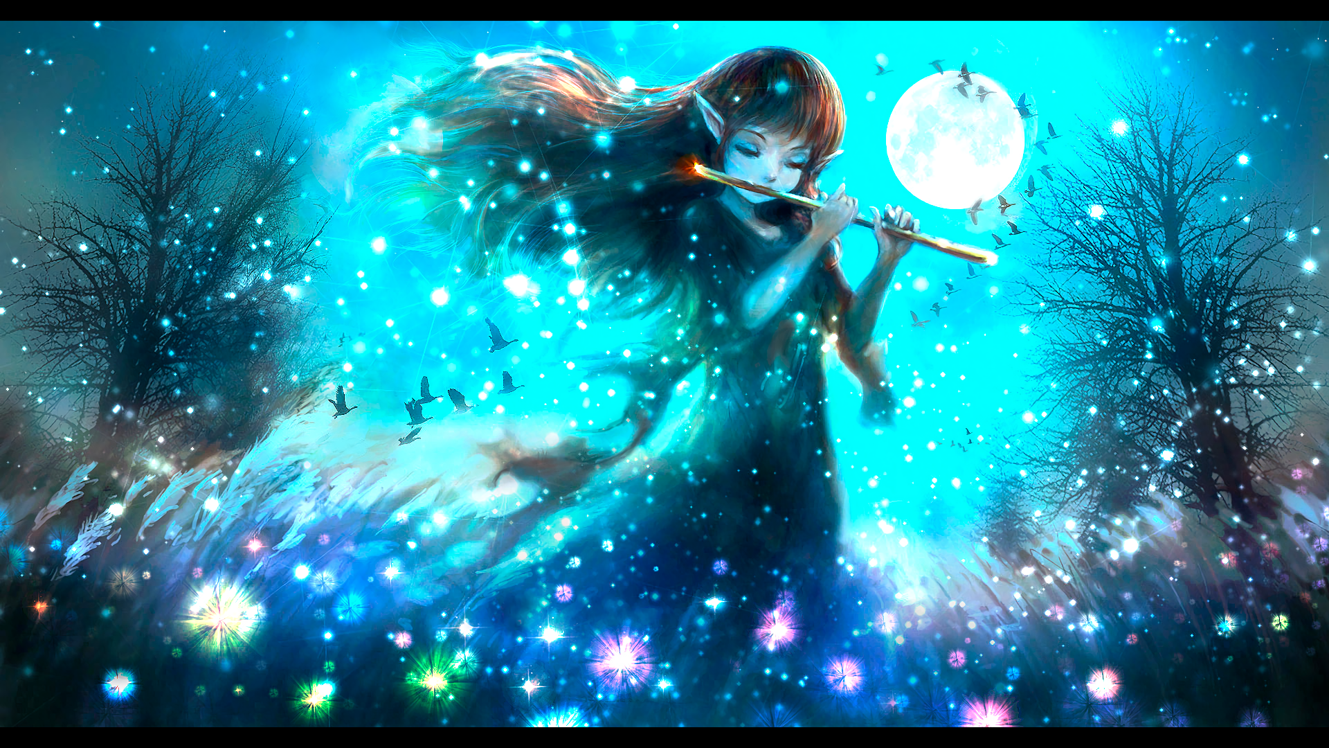 HD fantasy PC desktop wallpaper featuring an elf playing a flute under a glowing full moon surrounded by sparkling lights and a mystical forest at night.