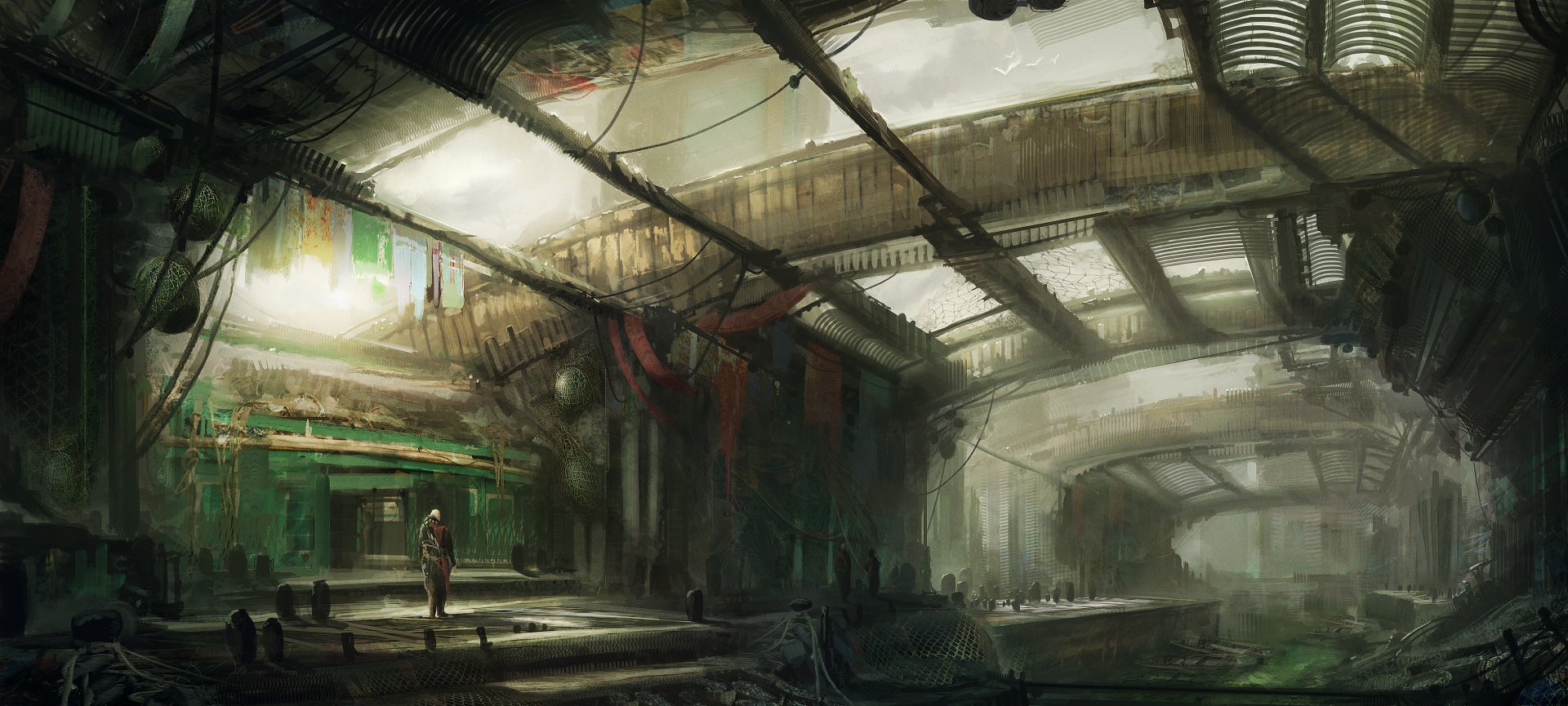 A futuristic scene featuring people in a decaying industrial space, illuminated by soft light filtering through a vast ceiling, embodying a sci-fi aesthetic. HD PC desktop wallpaper.