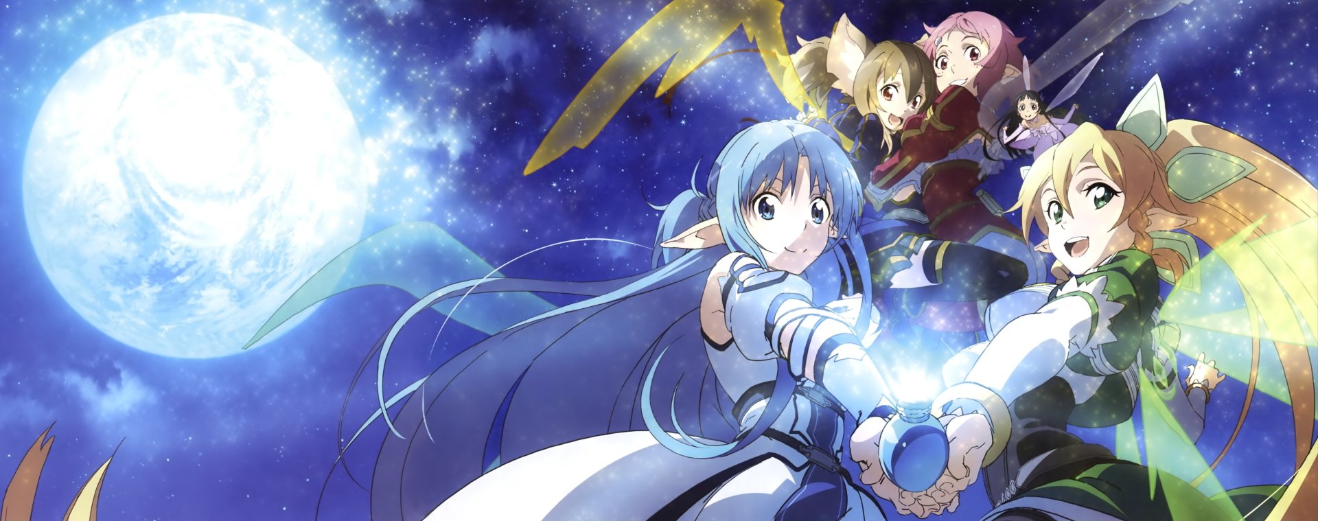 4K Ultra HD anime wallpaper featuring Lisbeth, Silica, Leafa, and Asuna Yuuki from Sword Art Online II against a starry night sky background.