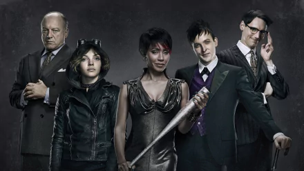A dramatic 4K Ultra HD wallpaper featuring characters from the TV show Gotham, showcasing iconic figures in a dark, moody pose.