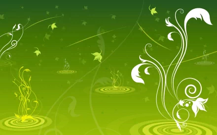 A vibrant green vector wallpaper featuring delicate white floral designs and swirling patterns, creating an artistic and serene atmosphere for HD desktop backgrounds.