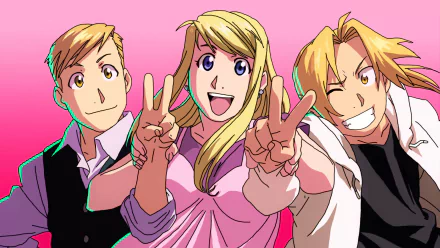 A vibrant HD wallpaper featuring Alphonse Elric, Winry Rockbell, and Edward Elric from the anime Fullmetal Alchemist, capturing a moment of joy and camaraderie.