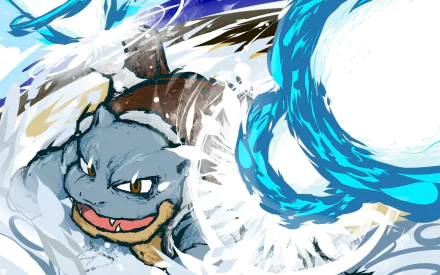 HD desktop wallpaper featuring Blastoise from Pokémon unleashing a powerful water attack.