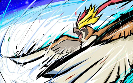 HD wallpaper featuring the Pokémon Mega Pidgeot in dynamic flight against an artistic, streaked blue background.