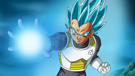 A dynamic HD wallpaper featuring a character from Dragon Ball Super, showcasing vibrant blue hair and a powerful energy attack against a cool-toned background.