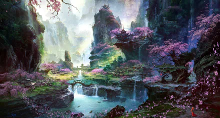 HD desktop wallpaper of a fantasy oriental village landscape with a waterfall, cherry blossom trees, and falling petals.