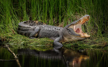HD desktop wallpaper showing an alligator resting on grass by water, its reflection visible beneath in the calm surface.