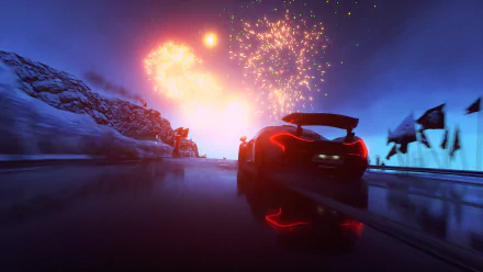 A McLaren P1 speeds through a snowy landscape, illuminated by vibrant fireworks in Driveclub. This HD wallpaper captures the thrill of racing in a stunning winter setting.